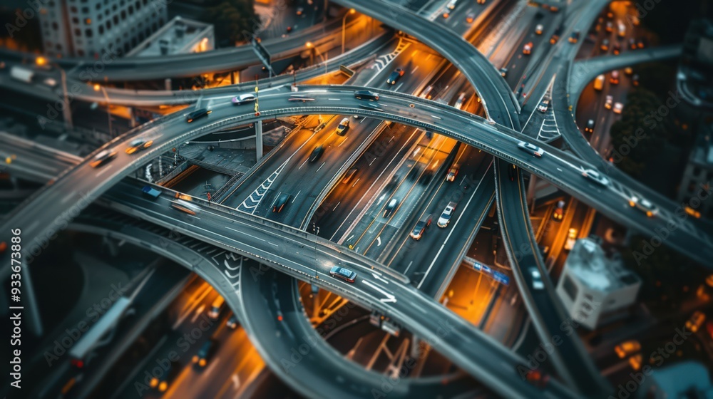 Poster a detailed view of a busy highway interchange with multiple lanes and exit ramps, demonstrating comp