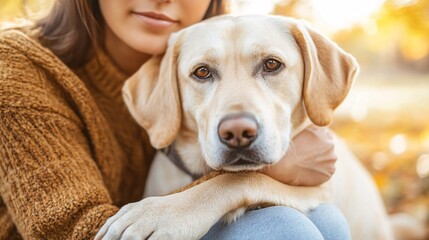 A therapy dog resting its head on a persons lap during a quiet moment in a park showing the comfort and emotional connection the animal provides Stock Photo with copy space