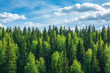Fototapeta premium Dense Evergreen Forest Against a Blue Sky with Fluffy Clouds