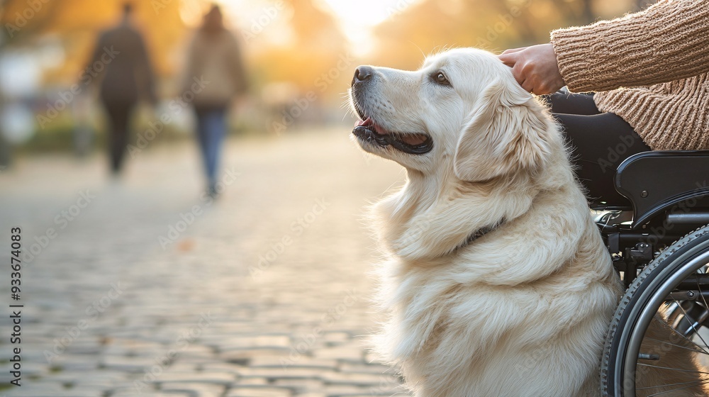 Aufkleber A service dog picking up a dropped item for a person in a wheelchair in a busy public area highlighting the practical support the dog offers in various environments Stock Photo with copy space