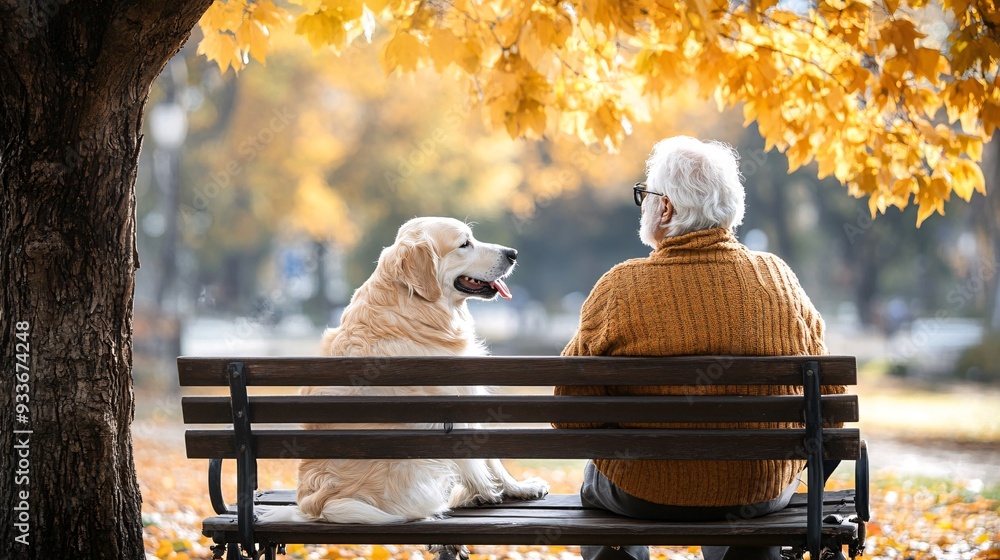 Poster a person with a disability and their dog taking a break on a park bench enjoying a moment of relaxat