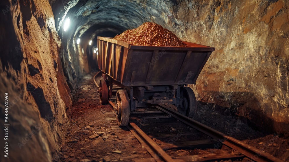 Poster a mining cart with gold in it is going through a tunnel