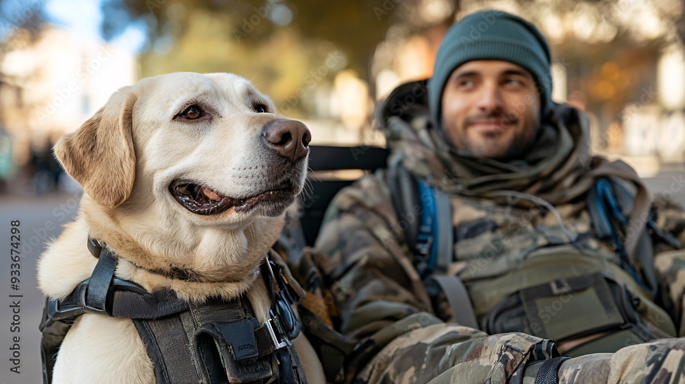 Poster a person with a disability and their dog taking a break on a park bench enjoying a moment of relaxat