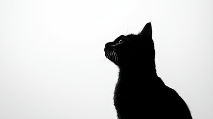 Minimalist image of a cat's silhouette in black, sitting calmly on a smooth, white background with clean lines