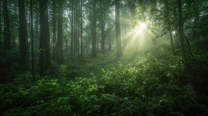 Obraz premium Enchanting Serenity of a Misty Morning in the Ancient Redwood Forest