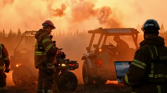 Professional firefighters stand next to all-terrain vehicles using heavy-duty laptop computers and is considering the best strat.