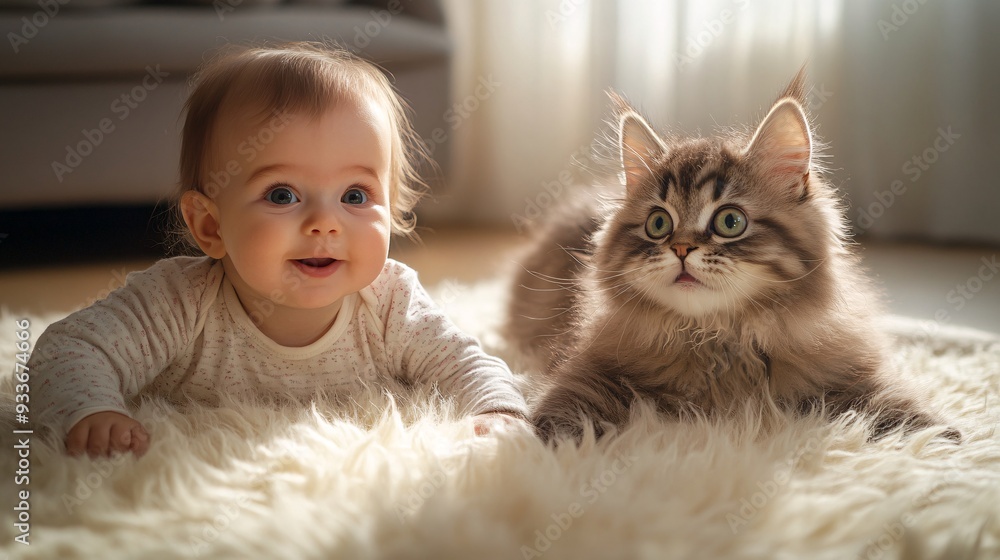 Poster a baby gently touching a soft cat's fur with a look of curiosity and joy on their face capturing the