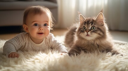 A baby gently touching a soft cat's fur with a look of curiosity and joy on their face capturing the development of early emotional bonds and tactile experiences. Stock Photo with copy space