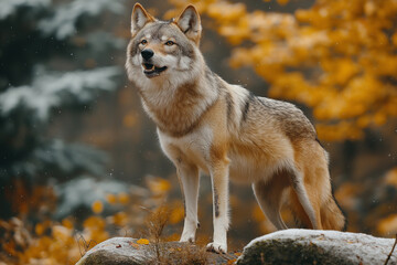 Obraz premium Wolf standing on rocks in a forest.