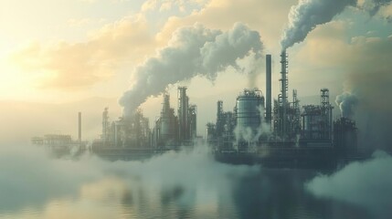 Obraz premium Industrial landscape with smoke and factories reflecting on water during sunrise, showcasing the impact of pollution and industry.