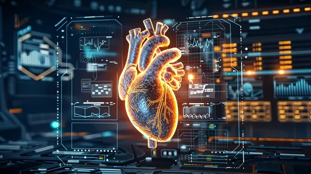 A digital representation of a human heart in a high-tech interface setting, symbolizing advanced medical technology and research