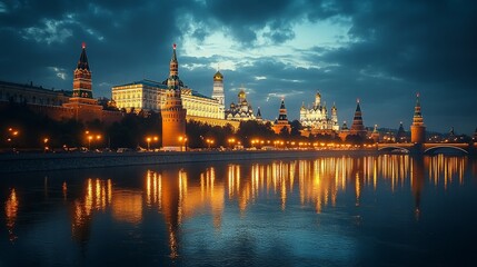 Obraz premium 39. The Kremlin in Moscow, Russia, lit with emerald and gold patterns at dusk. The historic complex reflects in nearby water pools. Cinematic, fantasy style