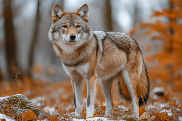 Obraz premium A wolf standing in a forest. It has a brown and gray coat and is looking directly at the camera