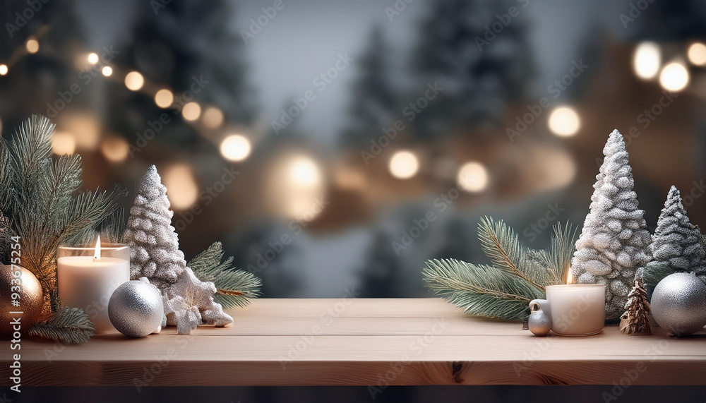 Wall mural empty woooden table top with abstract warm living room decor with christmas tree string light blur b