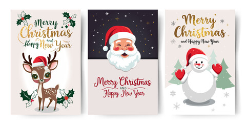 Set of Christmas cards with cute winter characters. Golden lettering. Childish holiday greeting card collection. New year invitation, banner