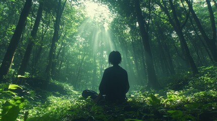 Tranquil Japanese Forest Bathing Retreat with Sunlight Filtering Through Trees