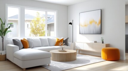 Bright and modern living room with white walls, pops of color, and a spacious, open feel