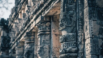 A detailed view of the carvings on the Temple of the Warriors,