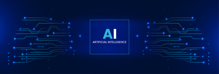 Banner AI circuit tech data. The futuristic blue background and text "AI" emphasize the tech-driven design&mdash;a modern technology circuit and digital data matrix.