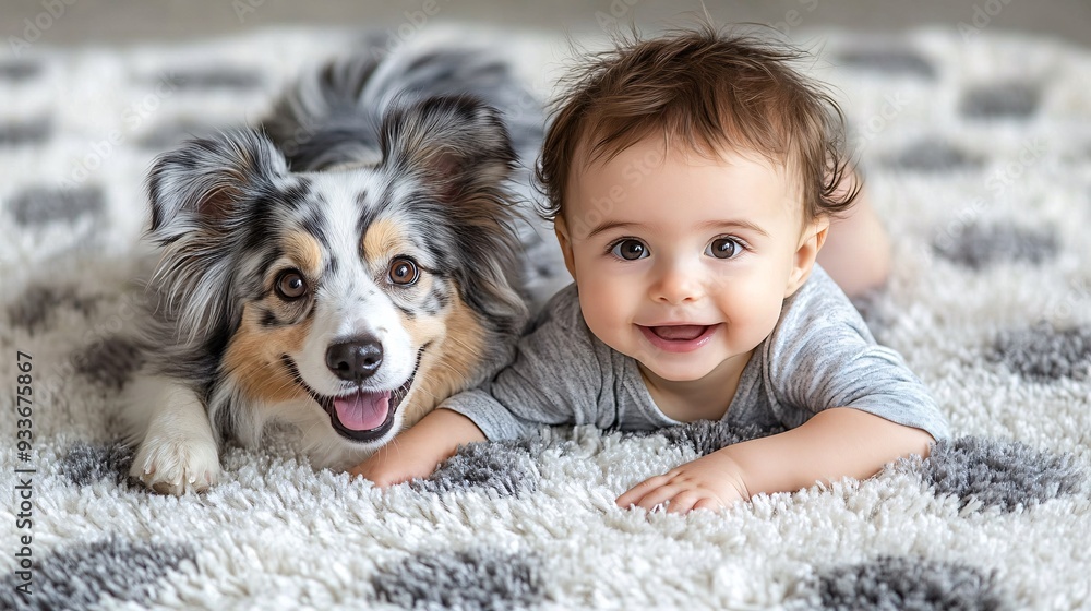 Poster a baby smiling as they reach out to pet a gentle dog on a soft rug illustrating the early bonding an