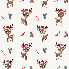 Naklejka premium Winter seamless pattern with cute reindeer in a hat. Christmas backgrounds. New year decorations. Cartoon xmas pattern.