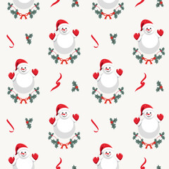 Winter seamless pattern with cute snowman in a hat. Christmas backgrounds. New year decorations. Cartoon xmas pattern.