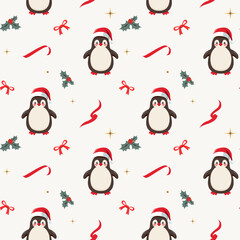 Winter seamless pattern with cute penguin in a hat. Xmas patterns. Christmas backgrounds. New year decorations.