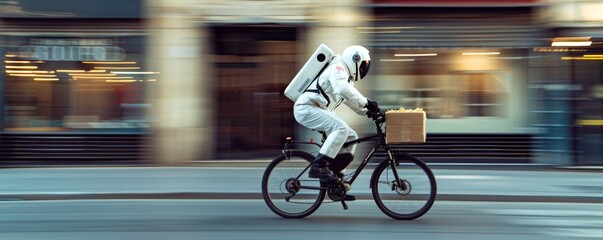 Obraz premium Astronaut Delivering Food on Bicycle in Urban Setting, Futuristic Concept of Space-Themed Food Delivery Service