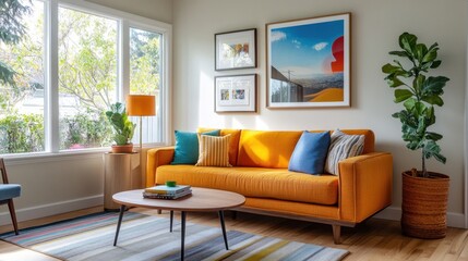 Colorful and playful living room with bold patterns, vibrant hues, and fun decor elements
