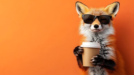 Cool Fox with Sunglasses Enjoying Coffee in Ultra-Realistic Portrait Photography