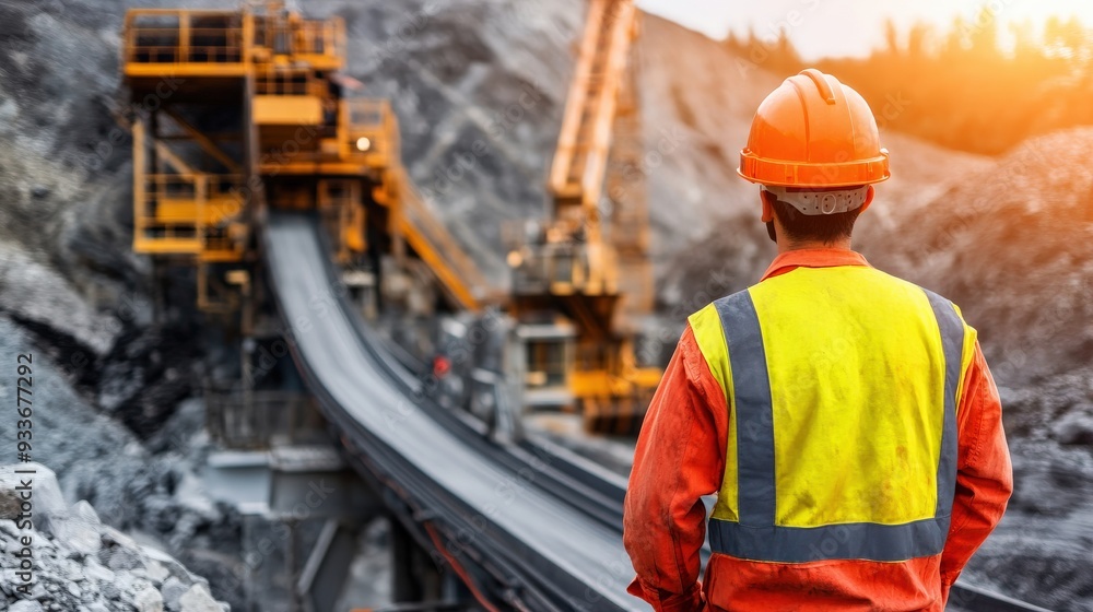 Wall mural a man in a vest stands on a train track. the man is wearing a hard hat