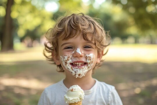 A happy young boy with messy ice cream all over his face, holding an ice cream cone in a sunny park, capturing the joy of childhood in a horizontal composition

Childhood, summer fun, happiness, ice c