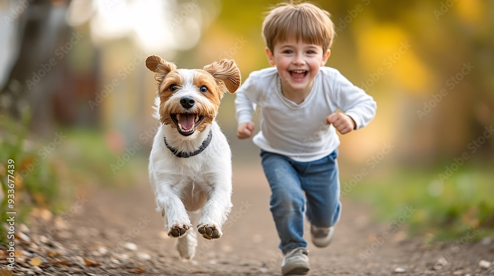 Poster a child joyfully running around with a dog in a playground illustrating the encouragement of physica