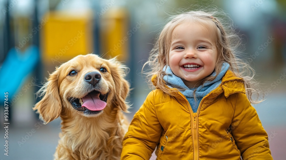 Poster A child joyfully running around with a dog in a playground illustrating the encouragement of physical activity and outdoor play by having a pet. Stock Photo with copy space
