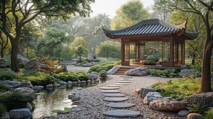 Obraz premium Serene Traditional Asian Garden with Pagoda, Lush Greenery, and Tranquil Pond in Morning Light
