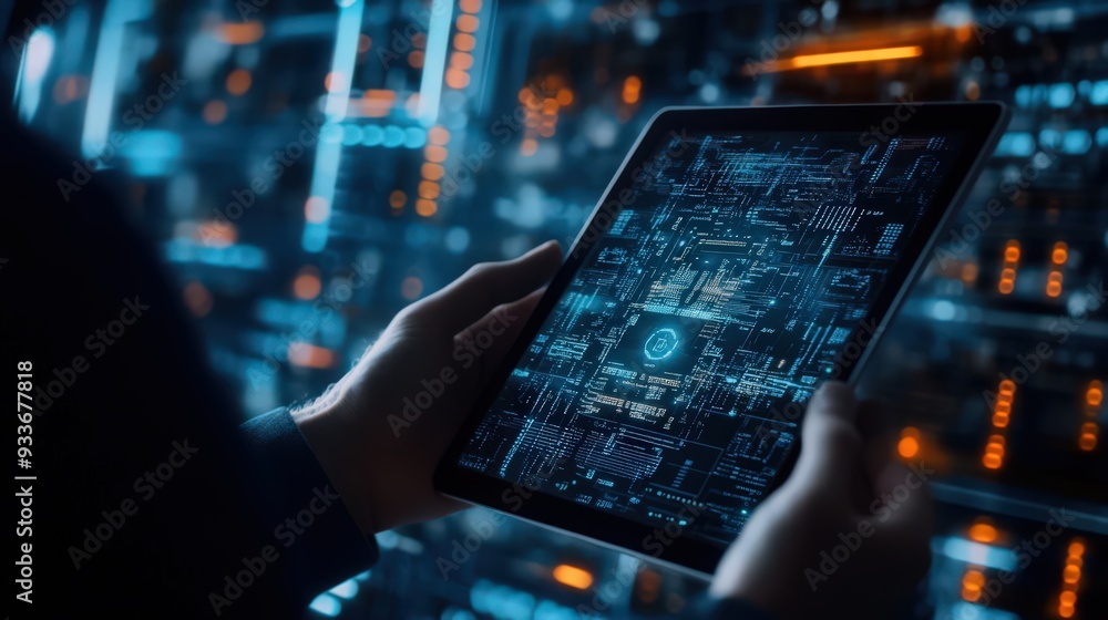 Aufkleber a digital tablet showcases blockchain technology and data encryption, with a businessman utilizing a