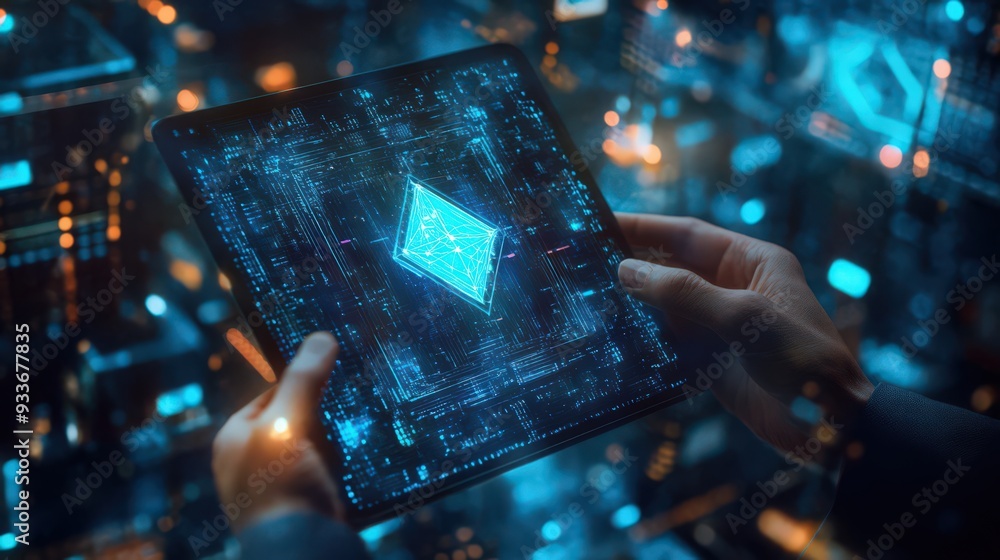 Aufkleber a digital tablet showcases blockchain technology and data encryption, with a businessman utilizing a