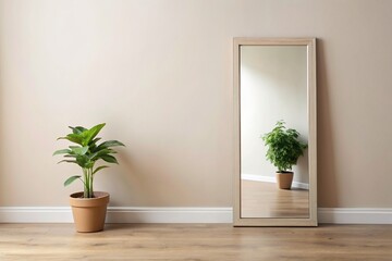 Neutral colored wall with a potted plant reflected in a mirror, urban, natural, mirror, stylish, contemporary, greenery, reflected, design, modern, decoration, wall, interior