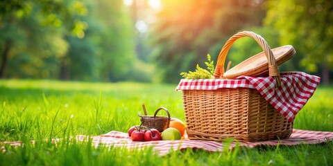 Picnic basket on green grass, perfect backdrop for weekend relaxation , picnic, basket, green grass, landscape, relaxation