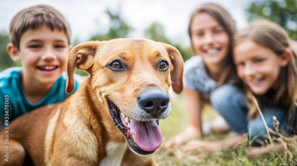 Poster a child interacting with peers while their pet dog plays nearby showing how the presence of a pet ca