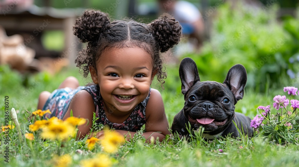 Poster a child interacting with peers while their pet dog plays nearby showing how the presence of a pet ca