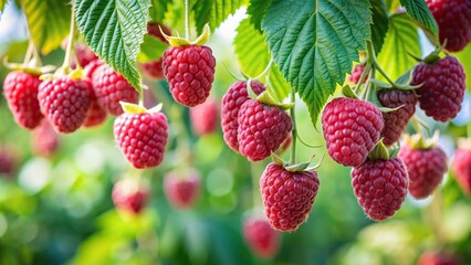 Fresh raspberries hanging from a tree at a tilted angle, close-up, harvest, tree, healthy, fresh, organic, natural, outdoors, red, fruit, growth, agriculture, delicious, food, hanging