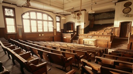 Historic University Lecture Hall with Wooden Benches and Vintage Architecture in Warm Lighting