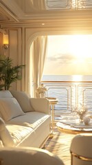Luxurious cruise ship interior with a cozy white sofa set against an open balcony door revealing a serene ocean view at sunset. The warm golden sunlight fills the room, creating a relaxing and elegant