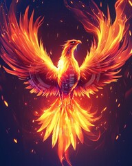 Obraz premium A vibrant phoenix emerging from flames, symbolizing rebirth and transformation in a stunning display of fiery colors.