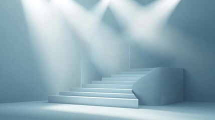 Fototapeta premium Abstract light blue background with spotlight and gradient, studio room for product presentation. There is a staircase in the middle of the scene, and stage lights 