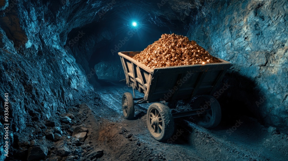 Poster a cart is filled with gold and is being pulled through a tunnel. the scene is dark and mysterious, w