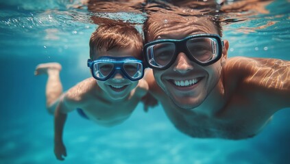 Naklejka premium Father & daughter swimming underwater in a pool on summer vacation. Googles water action shot. 