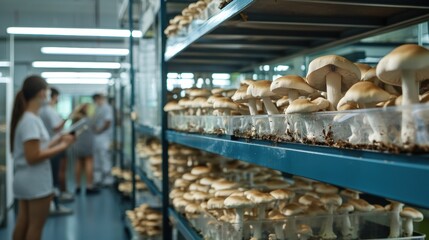 Champignon or White Button Mushroom research center indoor scene, people are visiting the sterile mushroom culture room, 