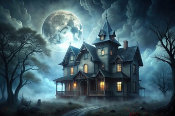 Mesmerizing haunted house engulfed in misty moonlight, haunted, misty, abandoned, moonlight, ghostly, haunted mansion, eerie, enchanted, creepy, supernatural, dark, haunted attraction